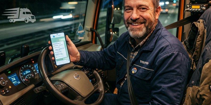 Професійний водій вантажівки посміхається в кабіні з додатком CarGoPro на смартфоні