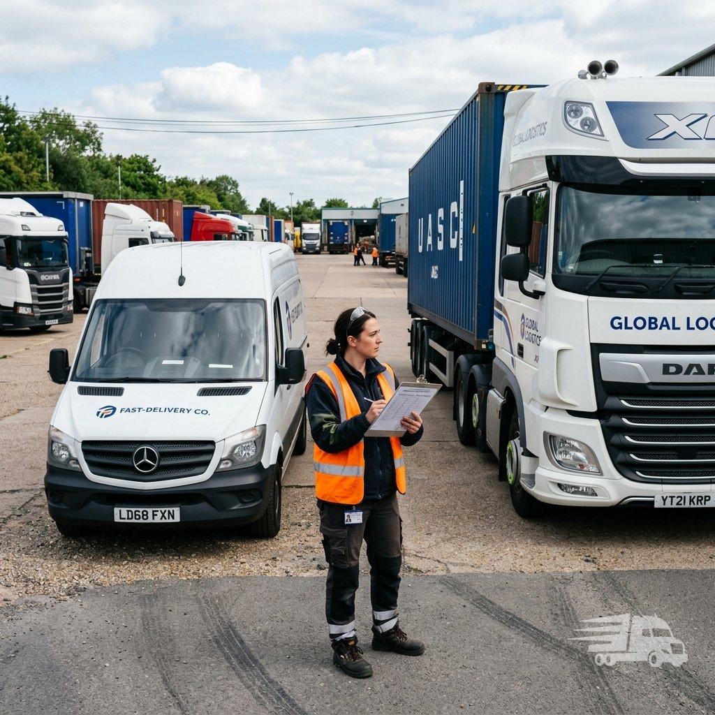 Ряд сучасних вантажних автомобілів різних типів на парковці логістичного центру